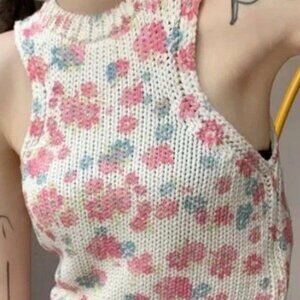 Zara Floral Knit Vest - Pink and Cream Jacquard Ivory Tank Cropped Top Sweater